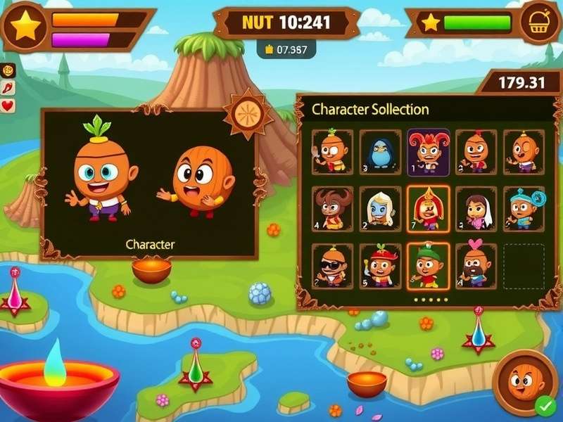 Fantasy Nut Land gameplay screenshot showing character selection and world map